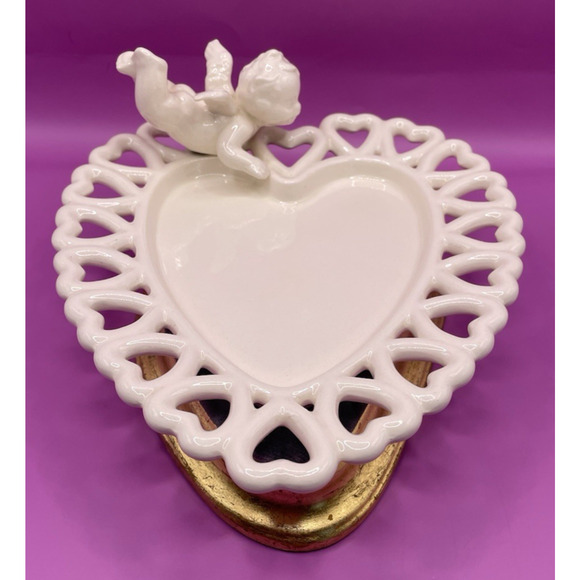 Vintage Handmade Signed Cherub Heart-Shaped Decorative Ceramic Dishes- Set of 2 - Picture 2 of 15